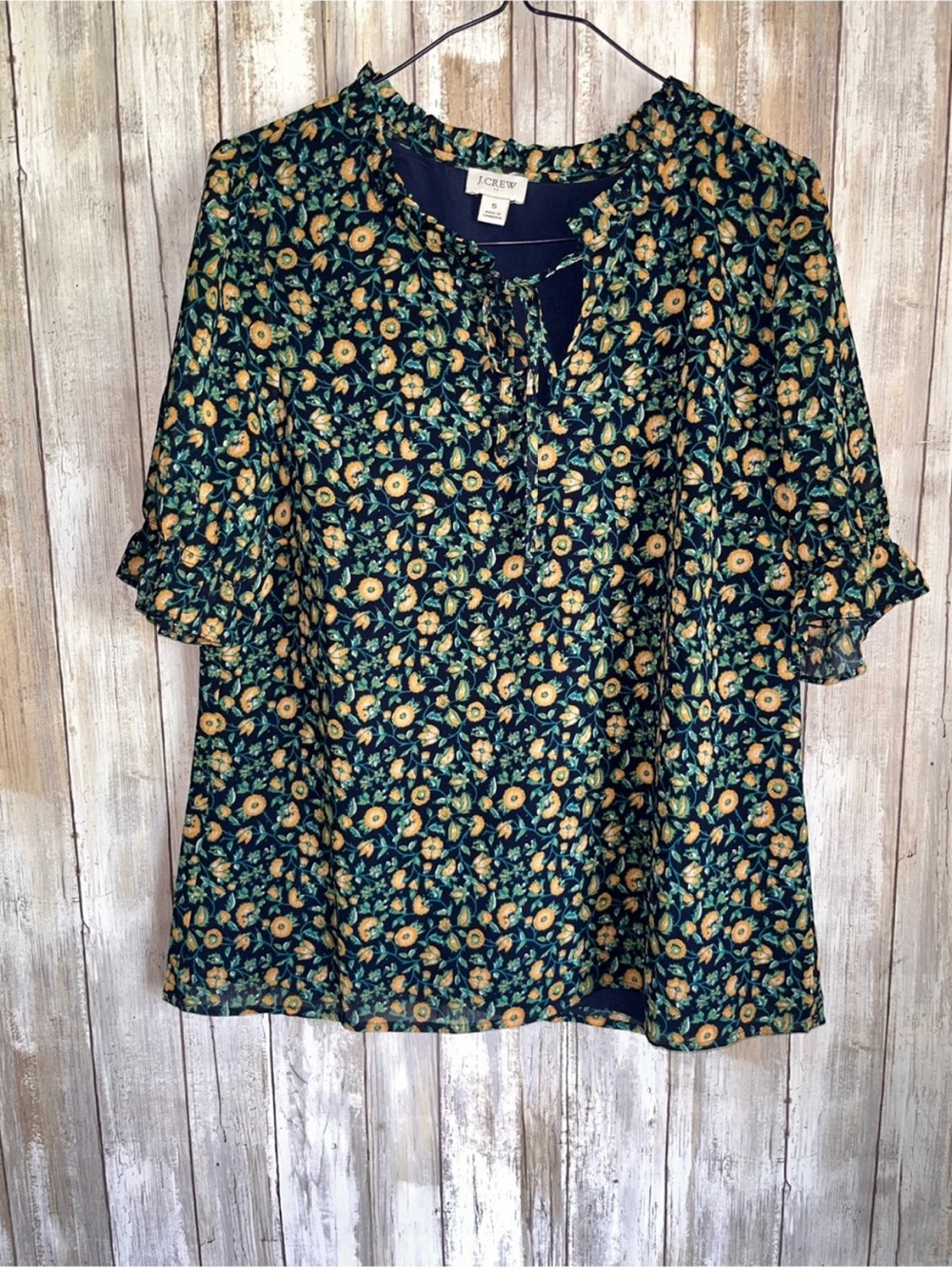 J.Crew Floral Ruffle Neck Blouse Small Blue Yellow Short Sleeve Top - Picture 2 of 7